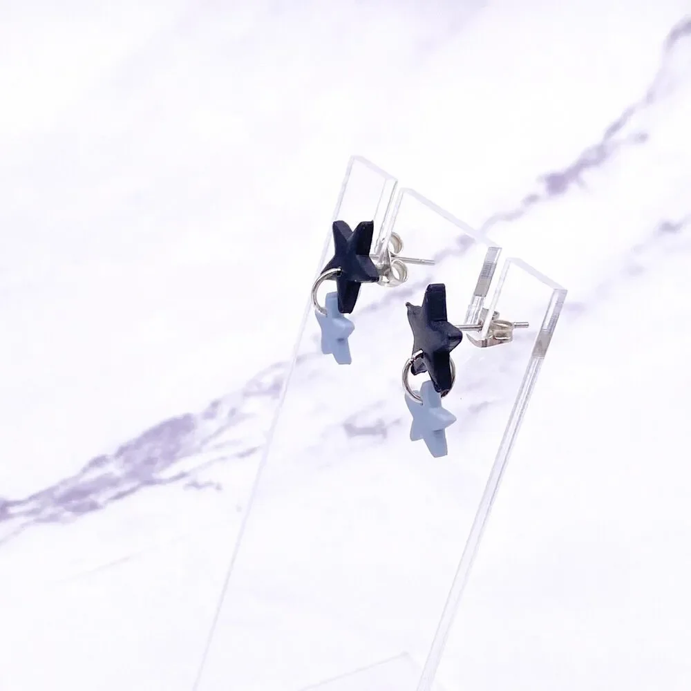 Black and Blue Small Star Dangle Stud Earrings
